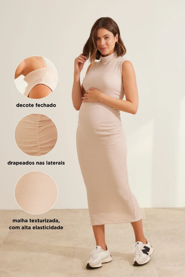 VESTIDO GESTANTE MIDI DRAPEADO E FENDA NATURAL - Imagem 2