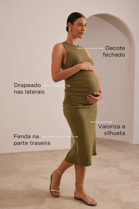 VESTIDO GESTANTE MIDI REGATA COM DRAPEADO VERDE