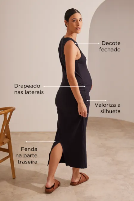 VESTIDO GESTANTE MIDI REGATA COM DRAPEADO PRETO