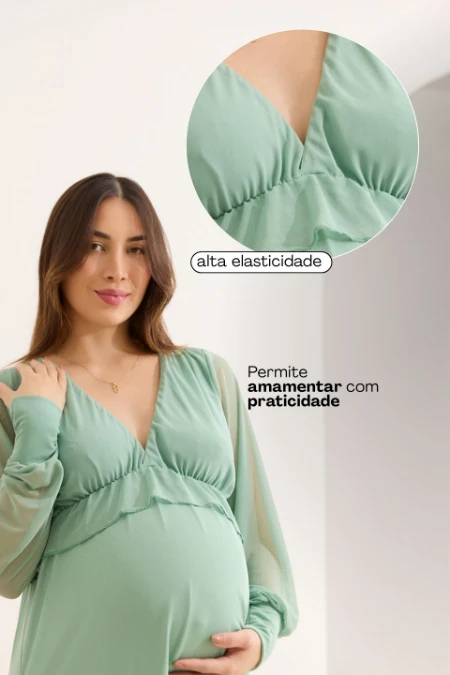 VESTIDO GESTANTE E AMAMENTAÇÃO MIDI TULE SOLTINHO E BABADOS VERDE