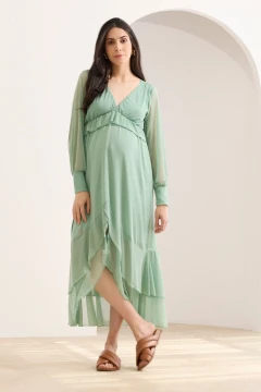 VESTIDO GESTANTE E AMAMENTAÇÃO MIDI TULE SOLTINHO E BABADOS