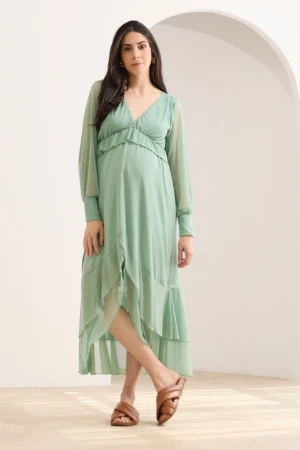 VESTIDO GESTANTE E AMAMENTAÇÃO MIDI TULE SOLTINHO E BABADOS VERDE - Imagem 1