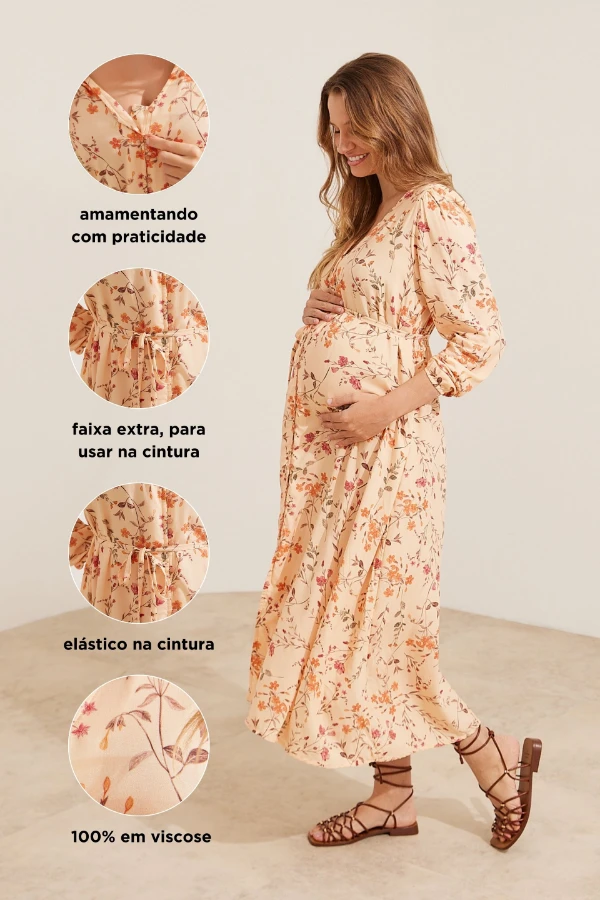 VESTIDO MIL FORMAS GESTANTE E AMAMENTAÇÃO BEGE COM FLORES - Imagem 2