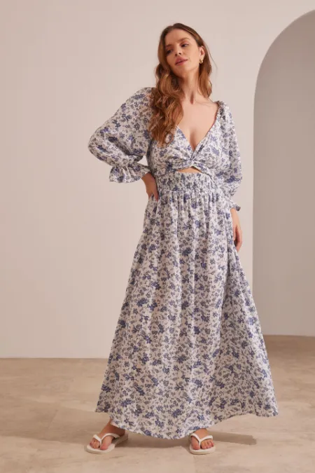 VESTIDO MIL LOOKS ALGODÃO ESTAMPADO GESTANTE E AMAMENTAÇÃO FLORAL AZUL