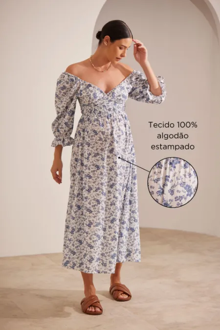 VESTIDO MIL LOOKS ALGODÃO ESTAMPADO GESTANTE E AMAMENTAÇÃO FLORAL AZUL