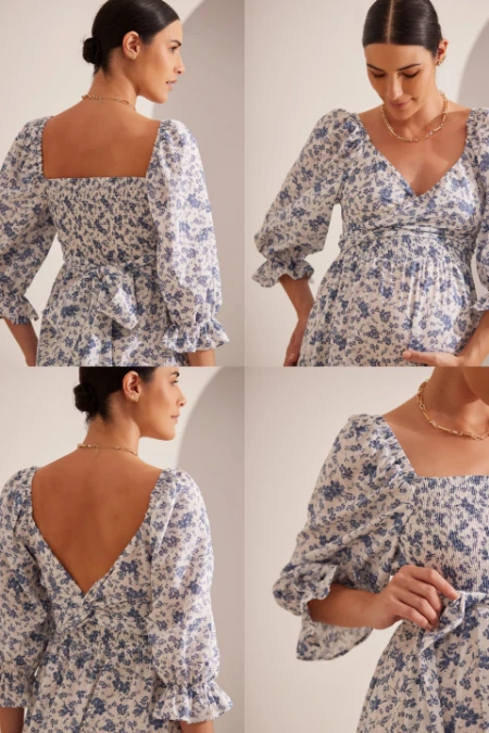 VESTIDO MIL LOOKS ALGODÃO ESTAMPADO GESTANTE E AMAMENTAÇÃO FLORAL AZUL