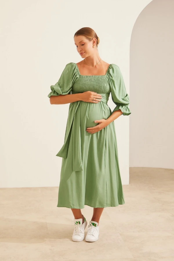 VESTIDO MIL LOOKS DE VISCOSE FRESQUINHA GESTANTE E AMAMENTAÇÃO ERVA DOCE - Imagem 1