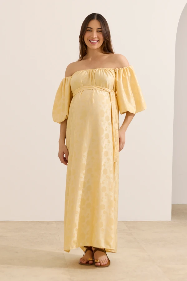 VESTIDO OMBRO A OMBRO GESTANTE E AMAMENTAÇÃO JACQUARD COM FAIXA AMARELO - Imagem 1