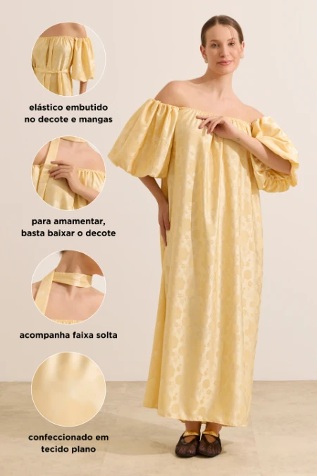 VESTIDO OMBRO A OMBRO GESTANTE E AMAMENTAÇÃO JACQUARD COM FAIXA AMARELO