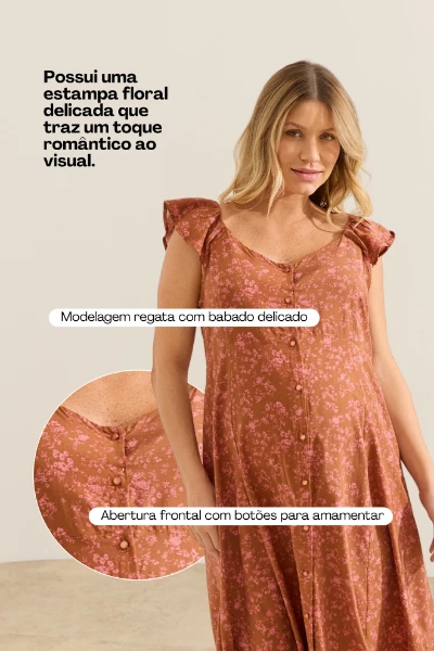 VESTIDO PARA AMAMENTAR LEVE MIDI CAQUI COM FLORES - Imagem 2