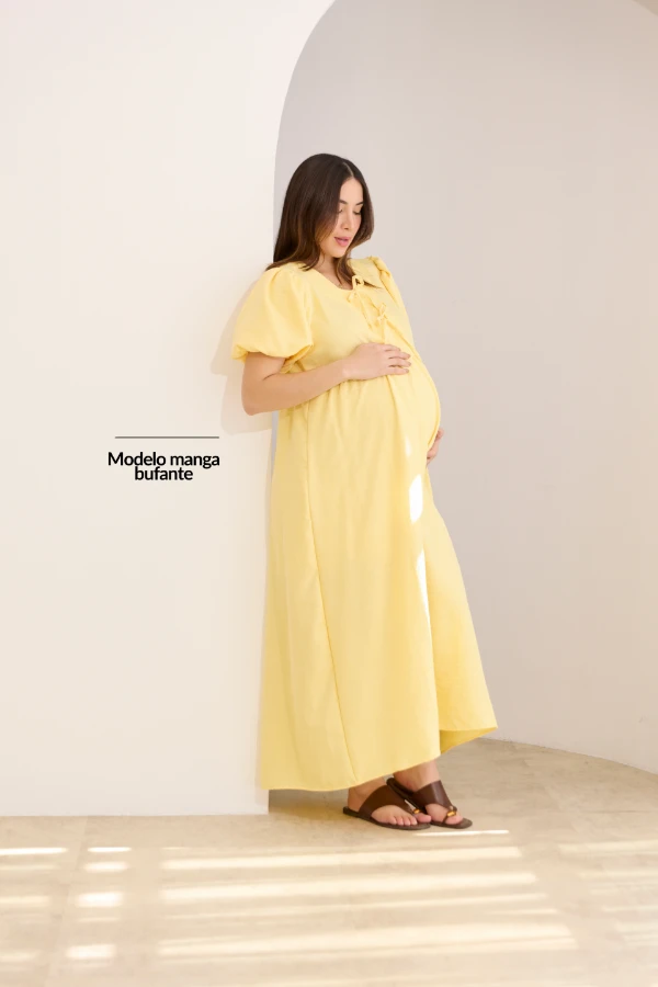 VESTIDO PARA AMAMENTAR MANGA BUFANTE E AMARRAÇÃO AMARELO CLARO - Imagem 2