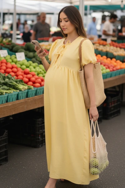 VESTIDO PARA AMAMENTAR MANGA BUFANTE E AMARRAÇÃO AMARELO CLARO - Imagem 1
