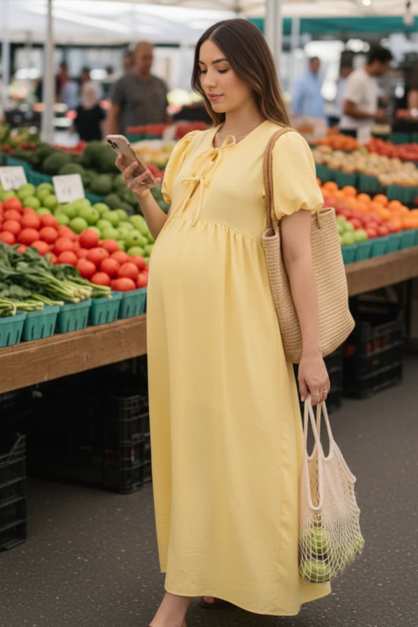 VESTIDO PARA AMAMENTAR MANGA BUFANTE E AMARRAÇÃO AMARELO CLARO - Imagem 1