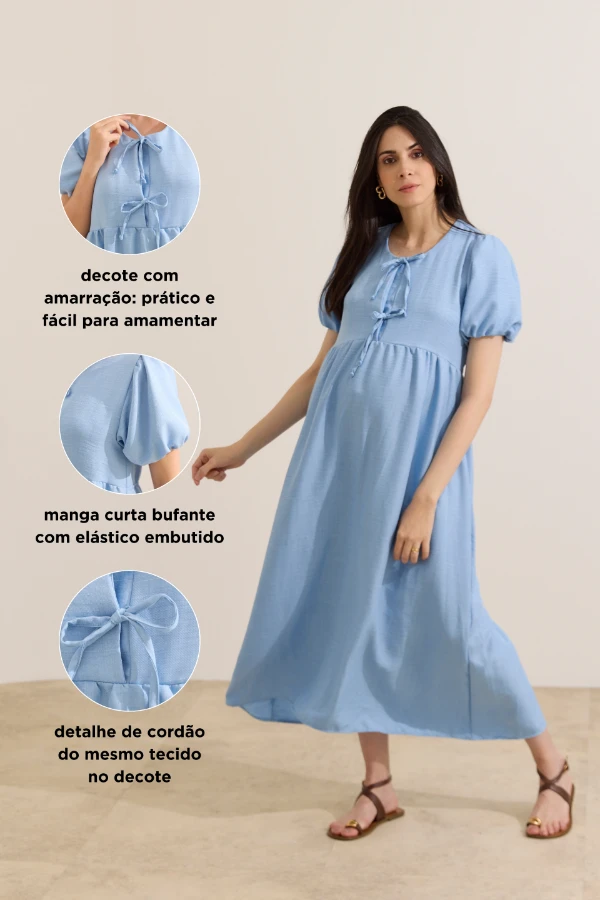 VESTIDO PARA AMAMENTAR MANGA BUFANTE E AMARRAÇÃO AZUL CLARO - Imagem 2