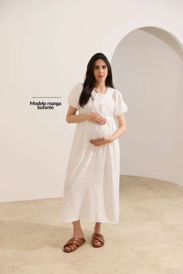 VESTIDO PARA AMAMENTAR MANGA BUFANTE E AMARRAÇÃO OFF WHITE - Imagem 2
