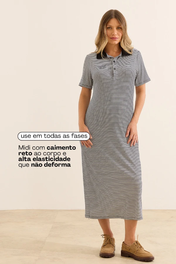 VESTIDO POLO GESTANTE E AMAMENTAÇÃO MIDI DE MALHA LISTRADO - Imagem 2