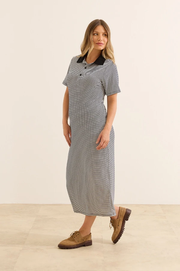 VESTIDO POLO GESTANTE E AMAMENTAÇÃO MIDI DE MALHA LISTRADO - Imagem 1