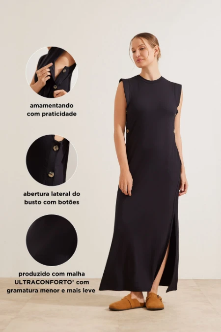 VESTIDO ULTRACONFORTO® AMAMENTAÇÃO COM BOTÕES LATERAIS PRETO